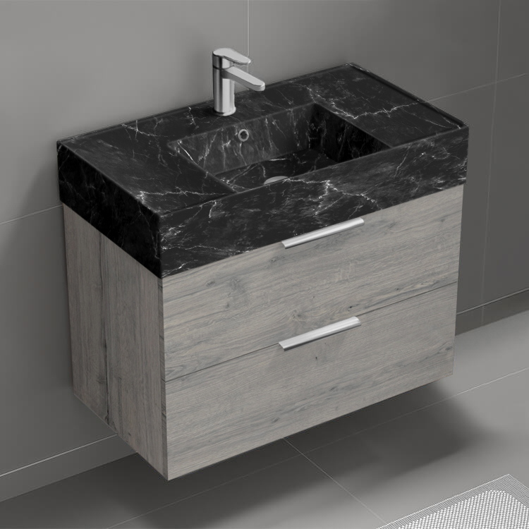 Nameeks DERIN893 Wall Mounted Bathroom Vanity With Black Marble Design Sink, Modern, 32 Inch, Grey Oak